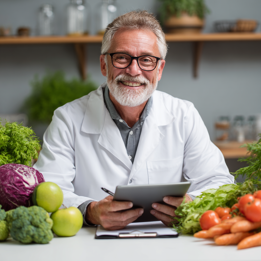 Чоловік 60 років у білому халаті дієтолога посміхається, сидячи за столом з планшетом та свіжими продуктами